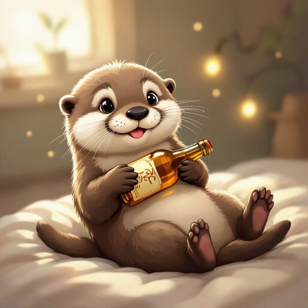 Cute Otter Holding Beer Bottle in Whimsical Style