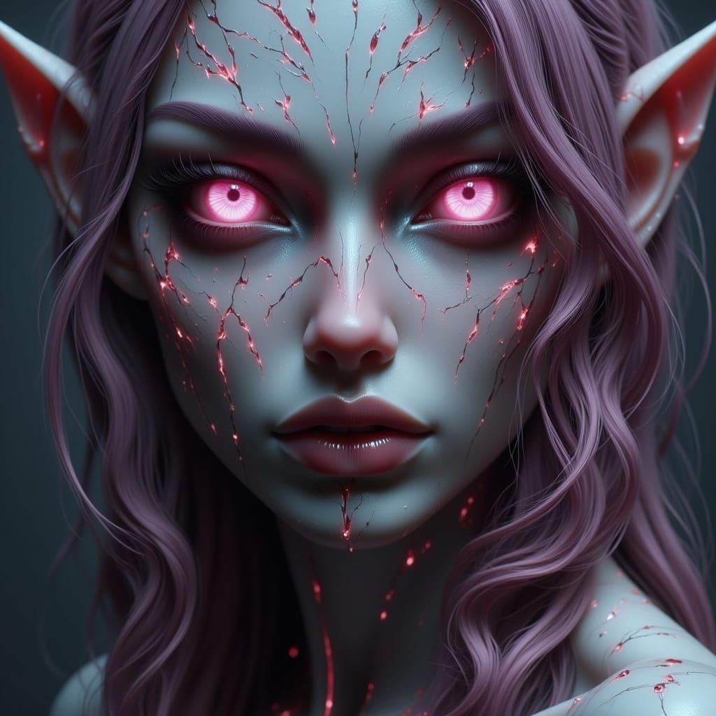 White Goblin Woman with Pink Eyes in Dark Fantasy Style