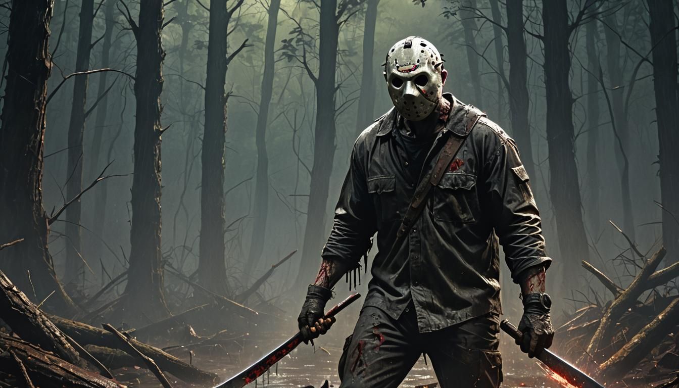 Jason Voorhees Emerges from Dark Forest: Horror Concept Art
