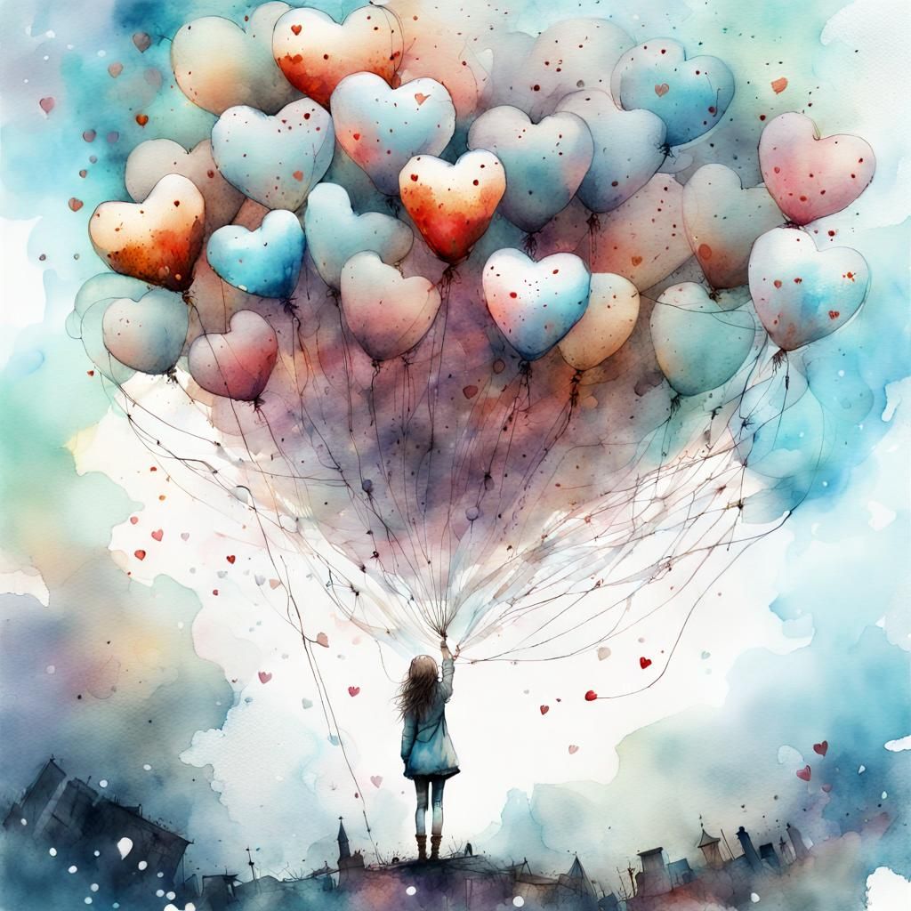 Heart Balloons Sky in Watercolor Art Style