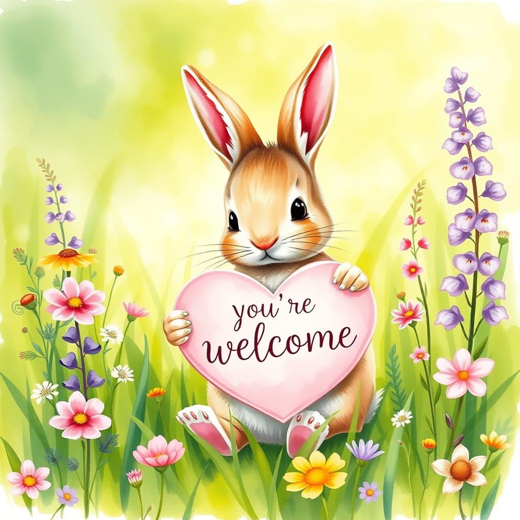 Baby Bunny Holds Heart Sign in Lush Meadow