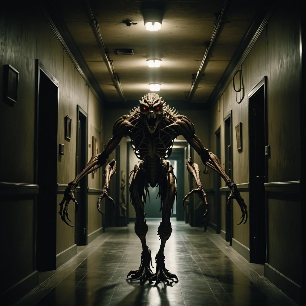 Horrific Multi-Limbed Creature in Dark Corridor