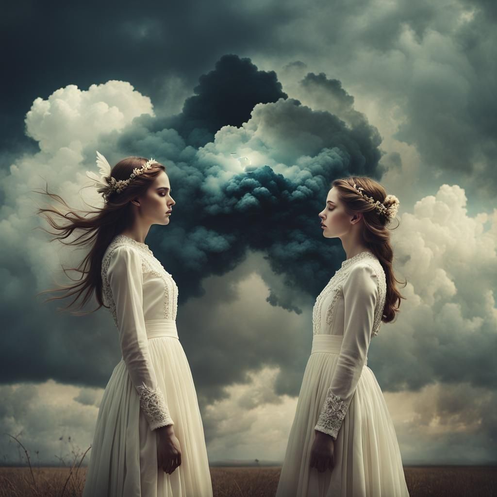 Dreamy Cloudscape with Woman in Garden, Pop Surrealism