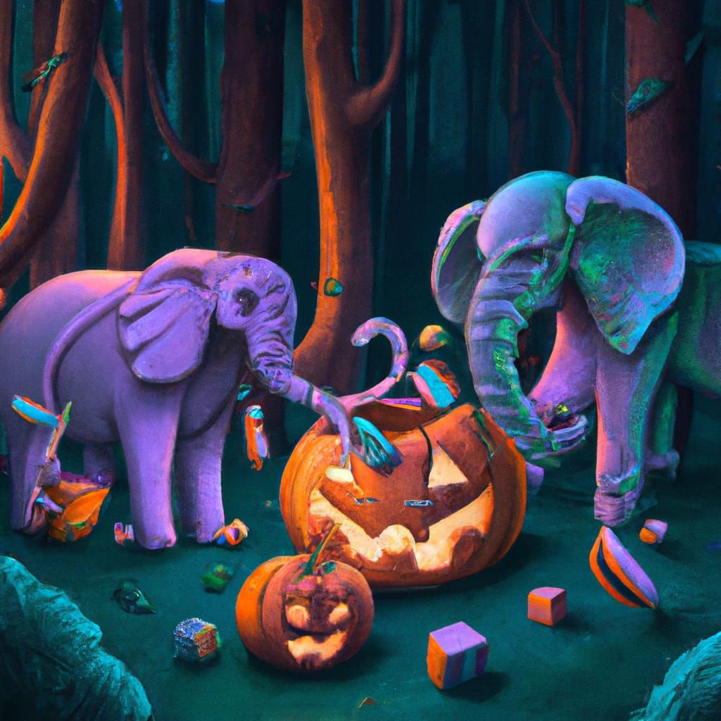 Elephants Carving Jack O'Lanterns in Candy Art Style