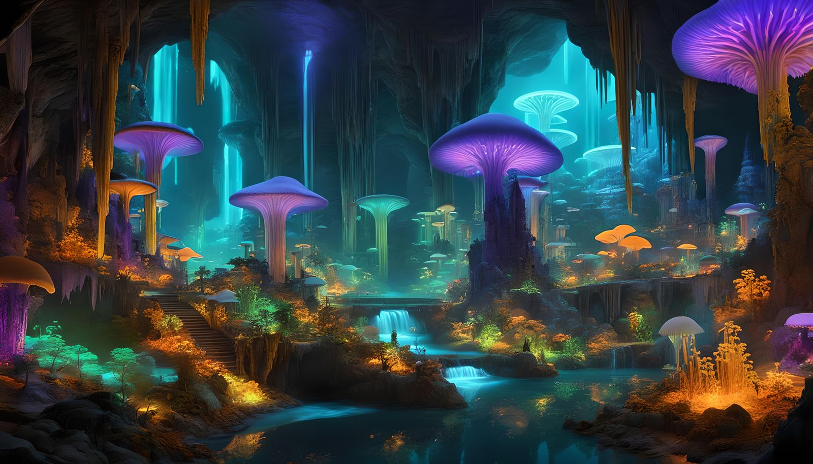 Bioluminescent City in Subterranean Cavern
