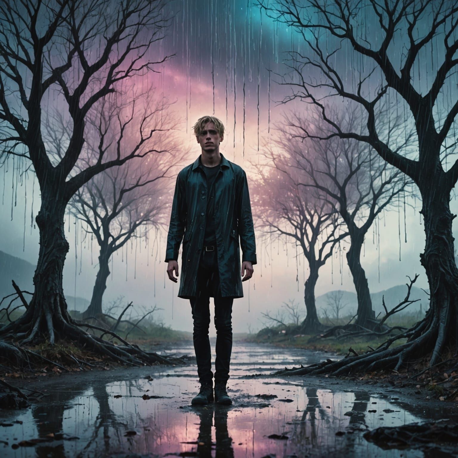 Tormented Figure Under Surreal Rain of Tears