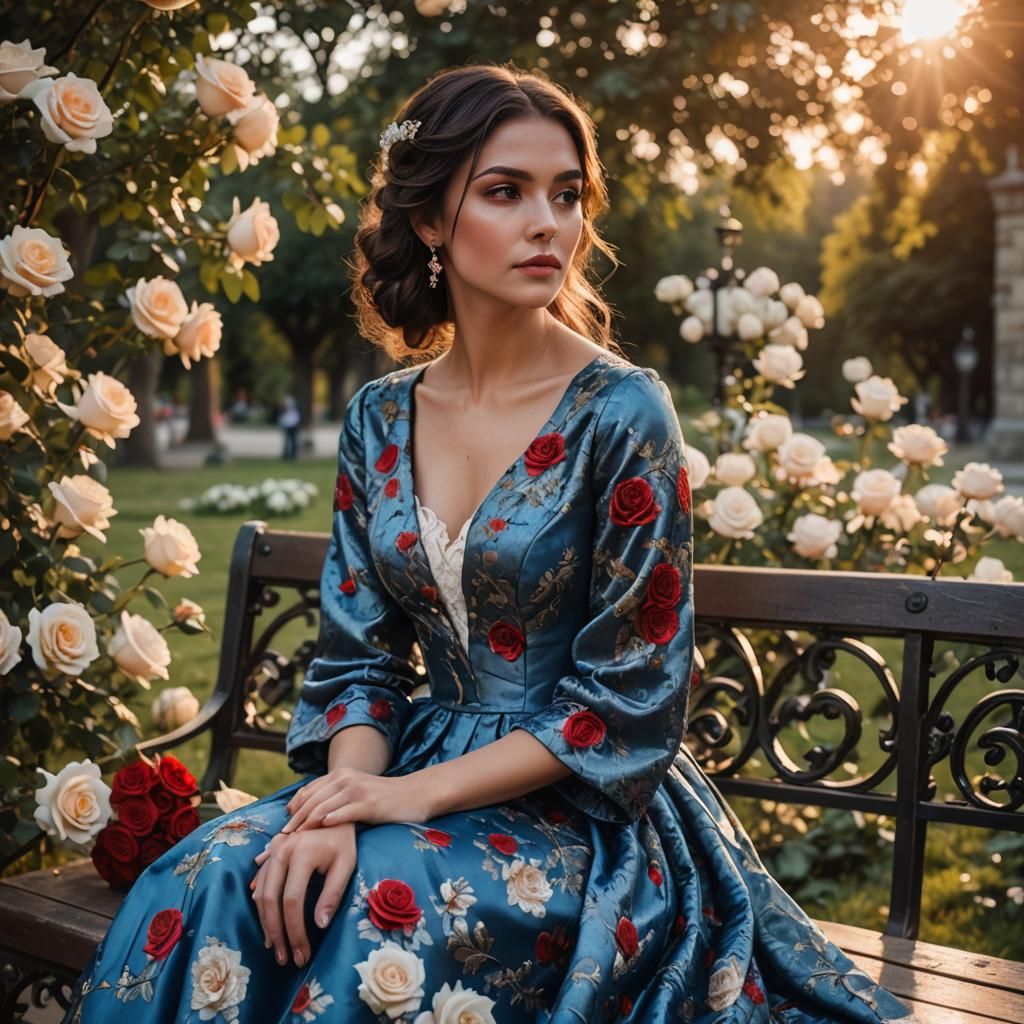 Brunette in Brocade Gown at Sunset