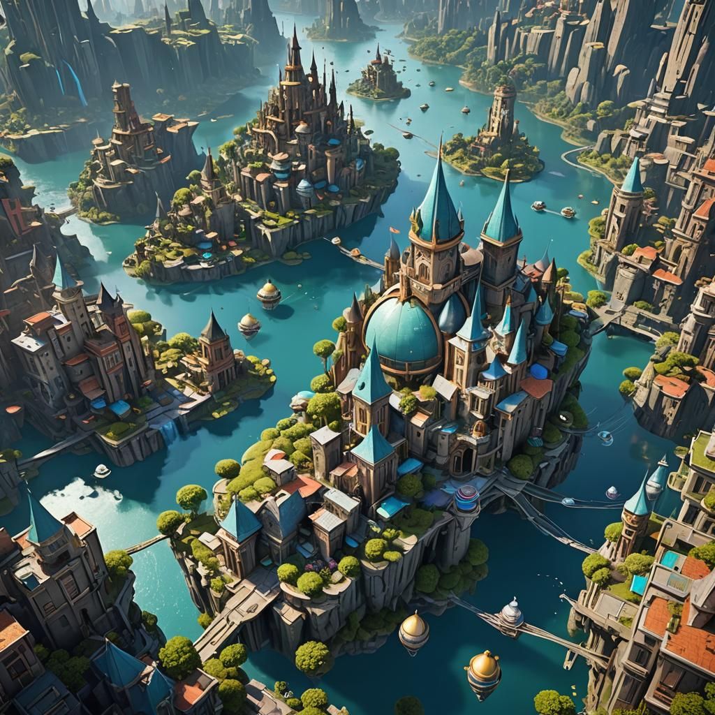 Dreamlike Fantasy Cityscape with Floating Islands
