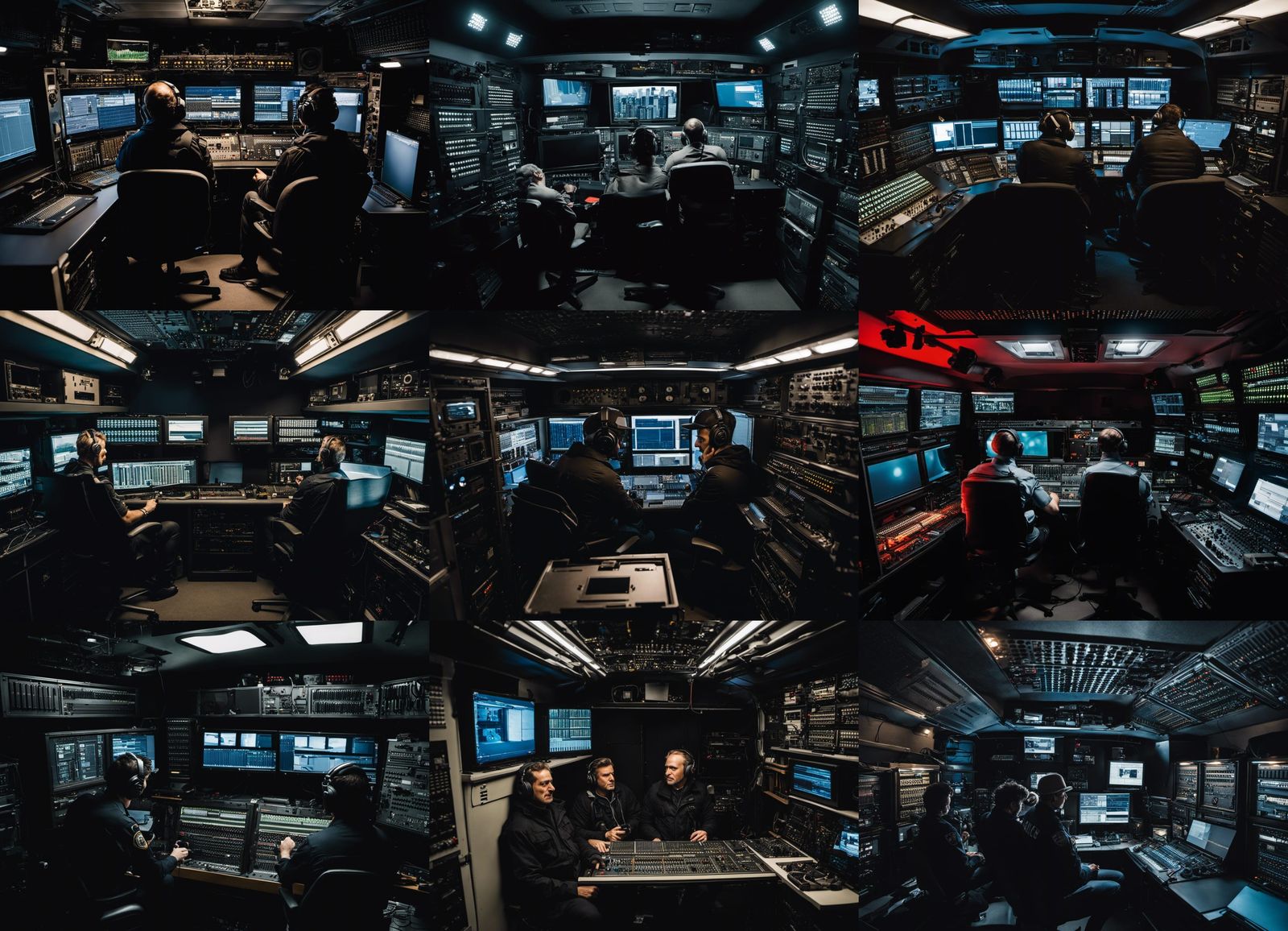 "3 men inside a police surveillance van- the inside of the van is packed full of electronic equipment- reel to reel soun...