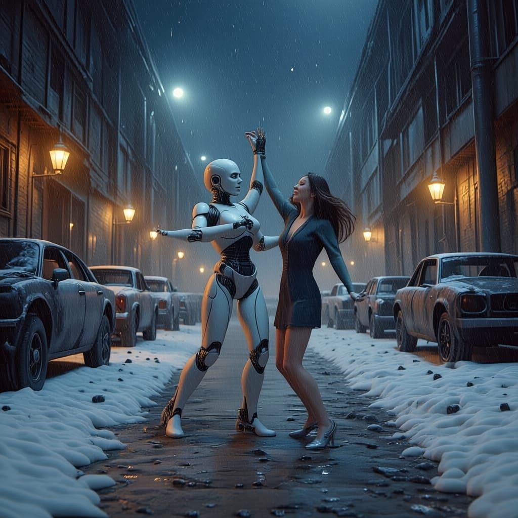 Girl Dances with Dummy Amidst Snowy Wreckage