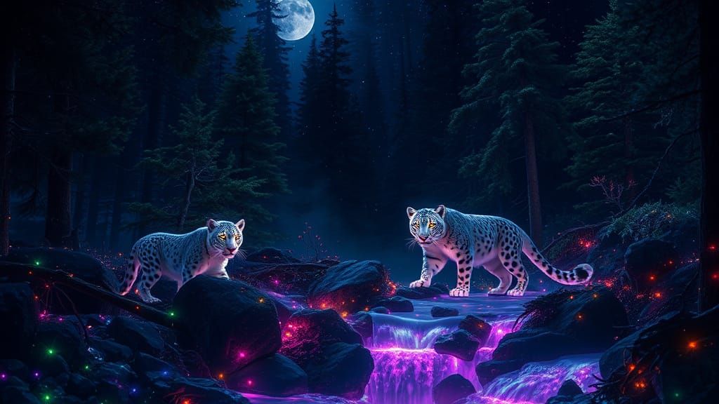 Mystical Snow Leopard Encounter in Cosmic Forest