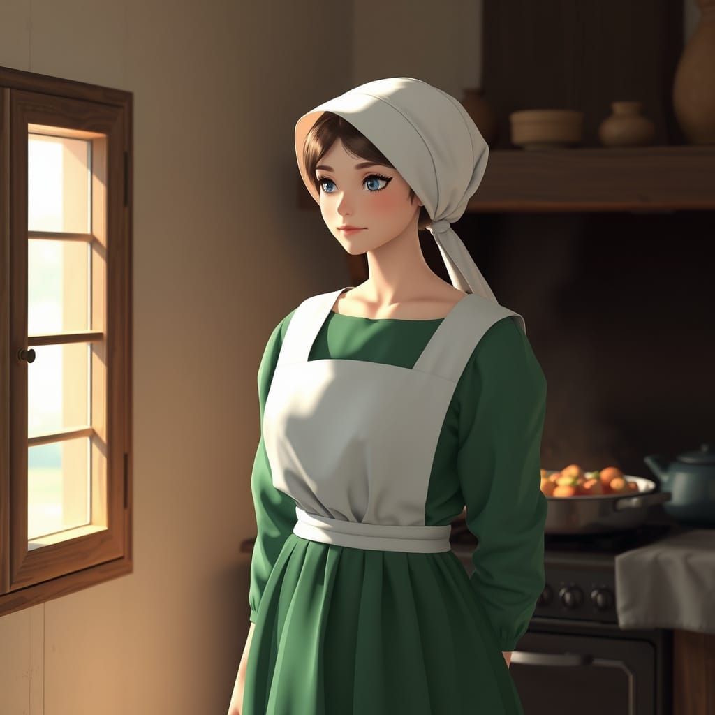 Elegant Amish Woman in Green Dress Standing Near Wood Stove