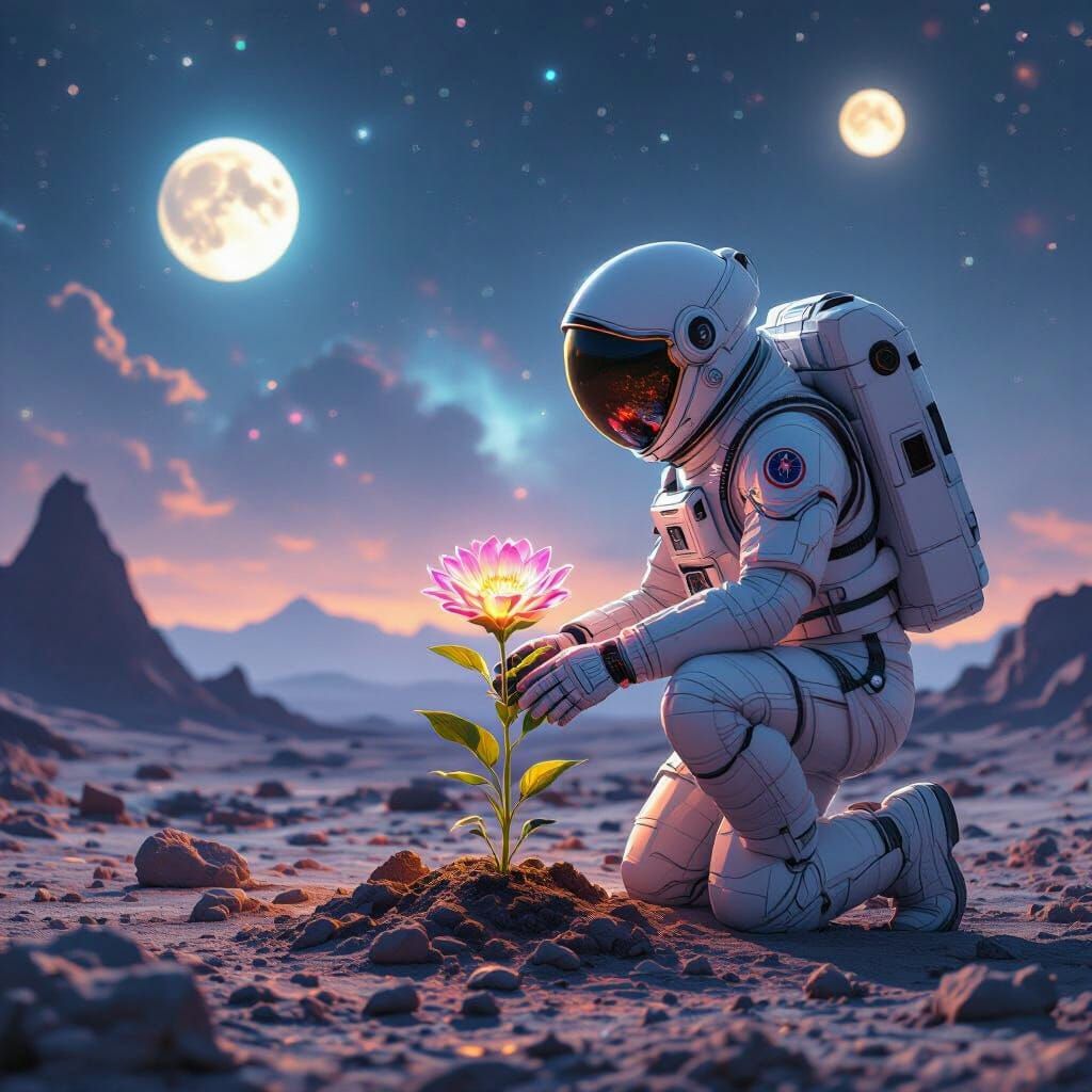 Astronaut Planting Bioluminescent Flower on Alien Planet