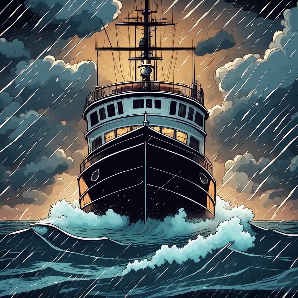 Boat Faces Stormy Seas: Comic Book Illustration