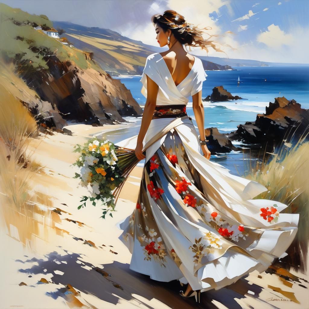 Woman Walking on Beach in Lively Romantic Style