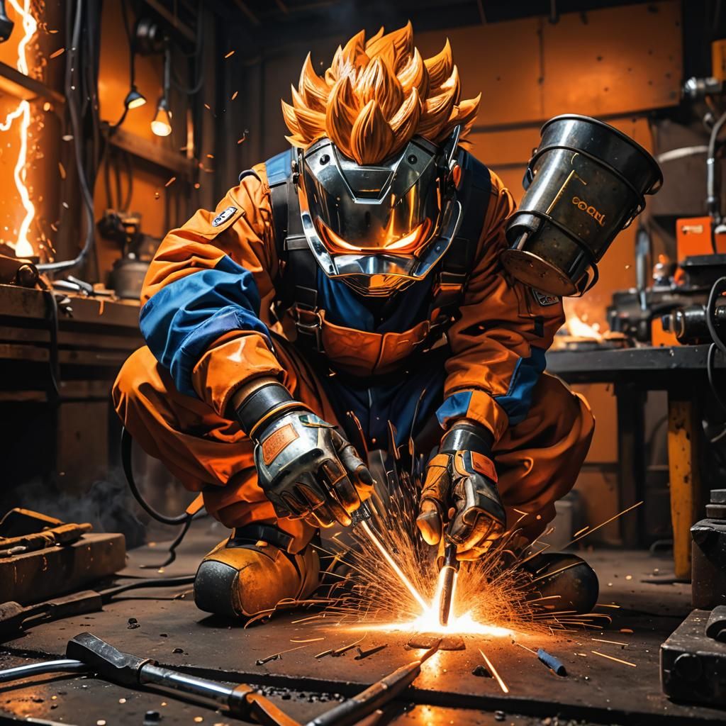 Goku Welding in Workshop: Hyper-Realistic Digital Art