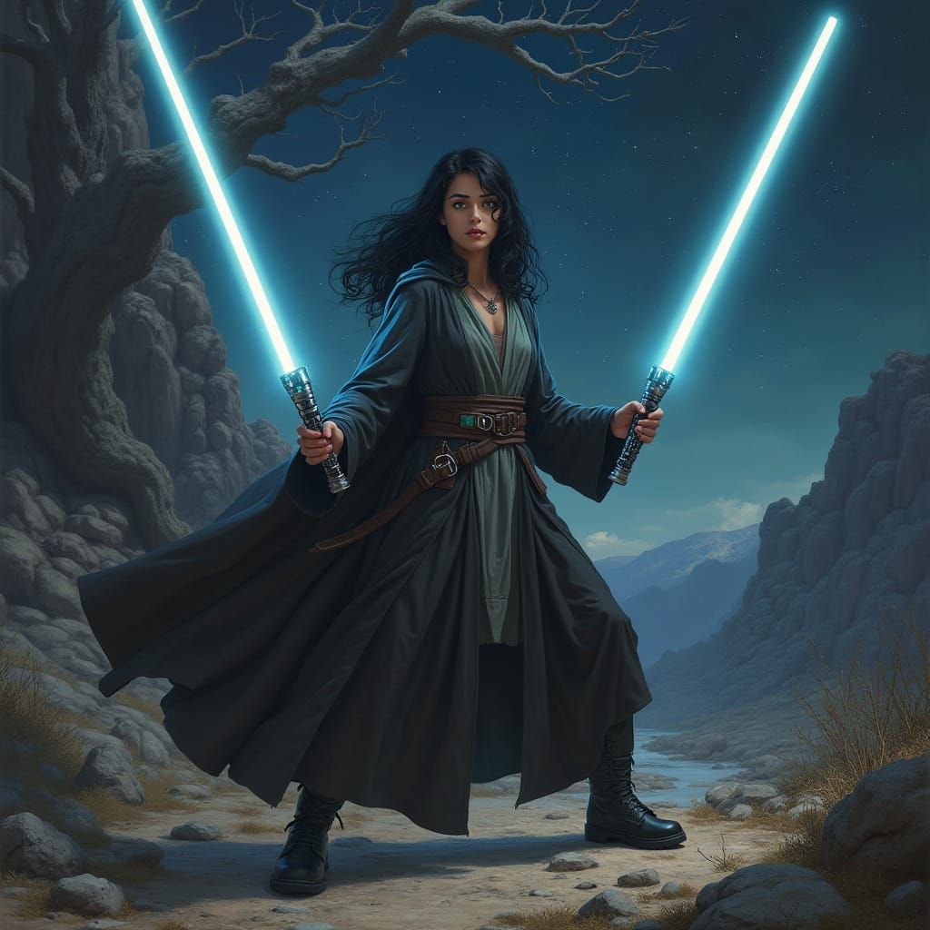 Gray Jedi Warrior in Majestic Nighttime Landscape