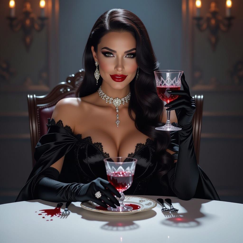 Modern Vampire in Haute Couture Holding Blood
