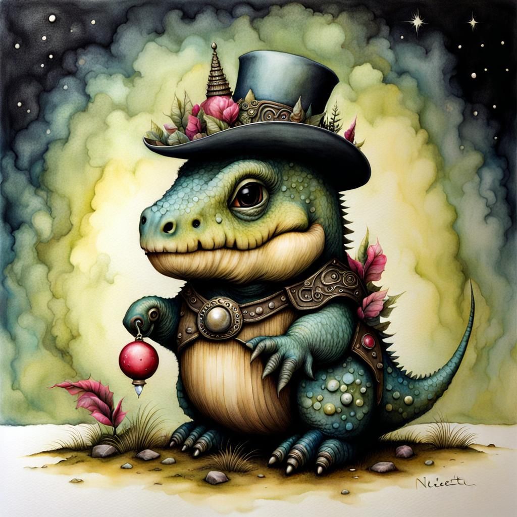 Dwarf Dinosaur in Surreal Alcohol Ink Style