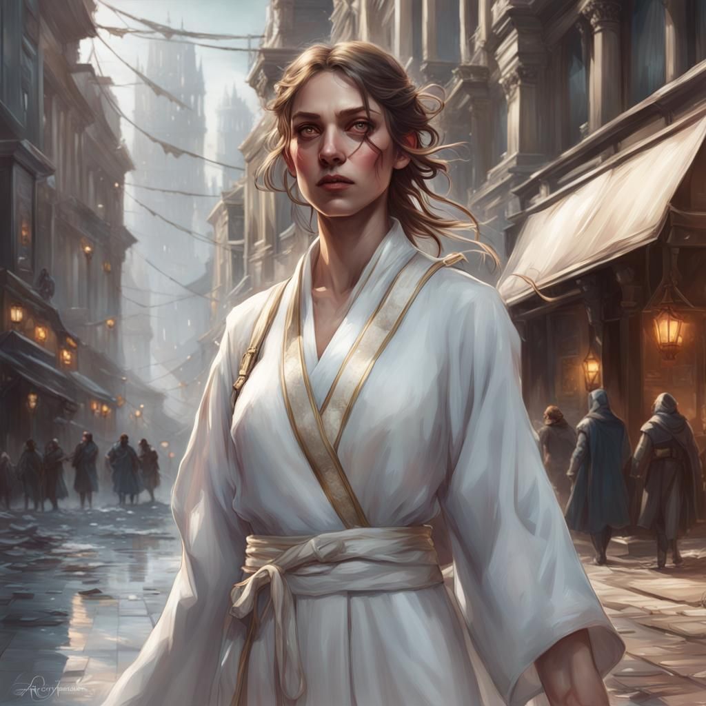 Girl in White Robe, Hyperdetailed Art Nouveau Portrait