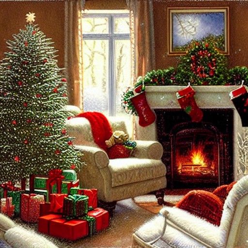 Cozy Christmas Cottage Scene in Oil Painting Style
