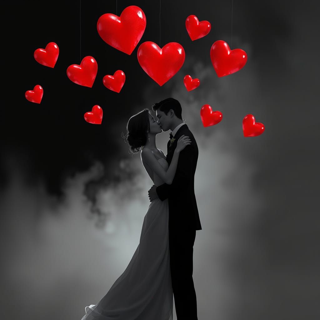 Romantic Futuristic Black and White Couple in Elegant Attire...