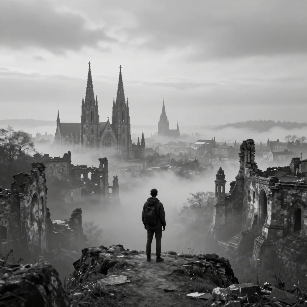Traveler Gazes at Ancient Mist-Shrouded City on Cliff