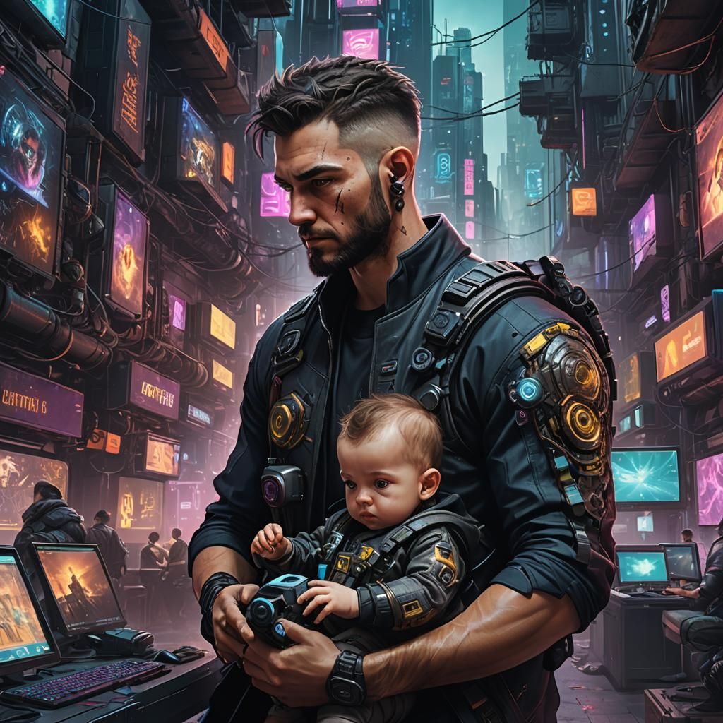 Cyberpunk Web Designer with Baby