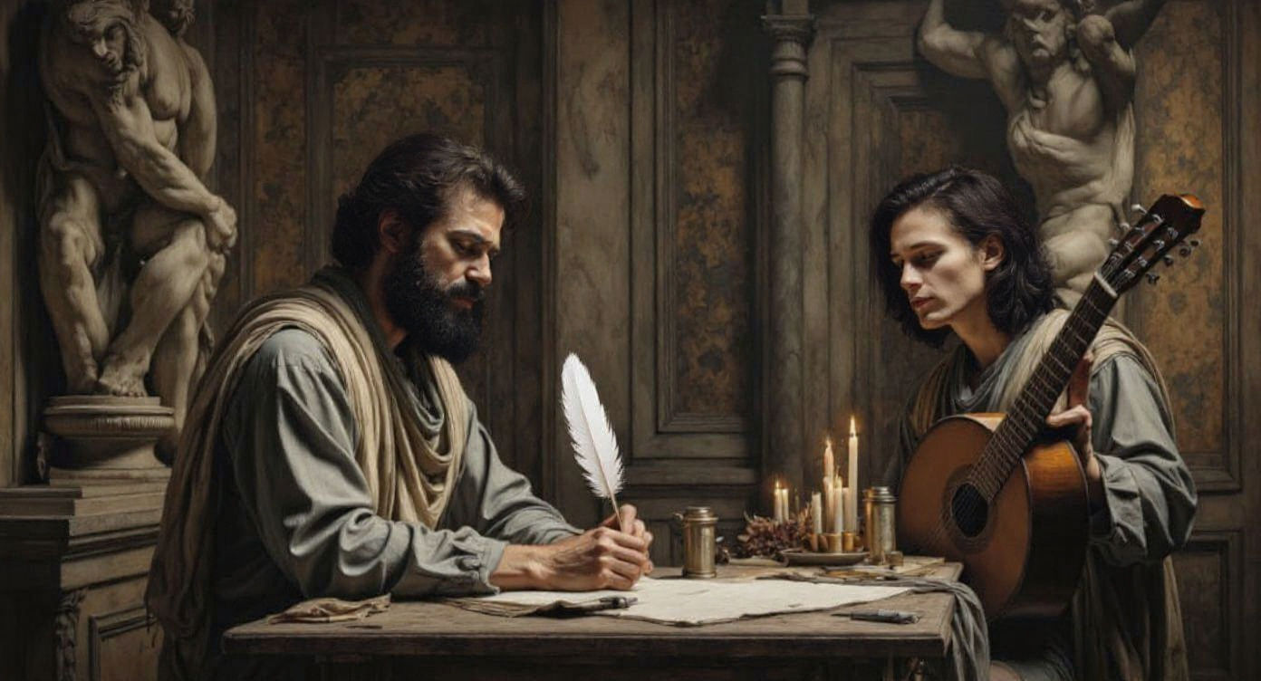 Michelangelo Writing a Sonnet in Charcoal Style