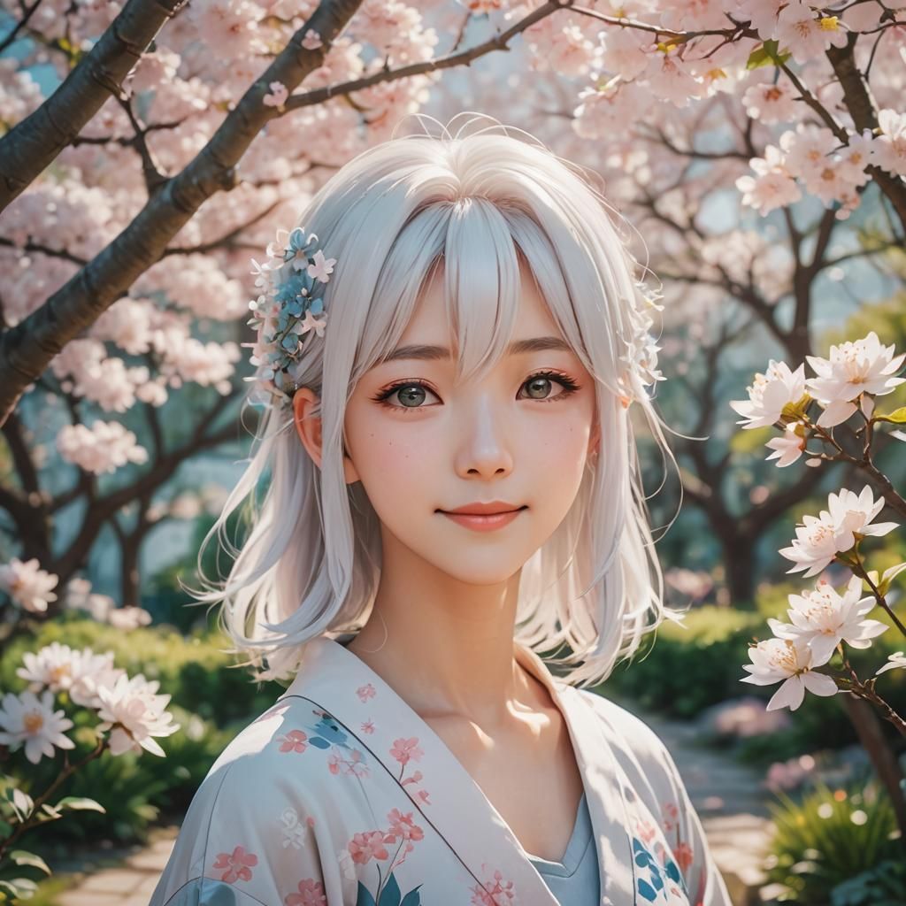 Dreamy Anime Woman Portrait in Japanese Garden