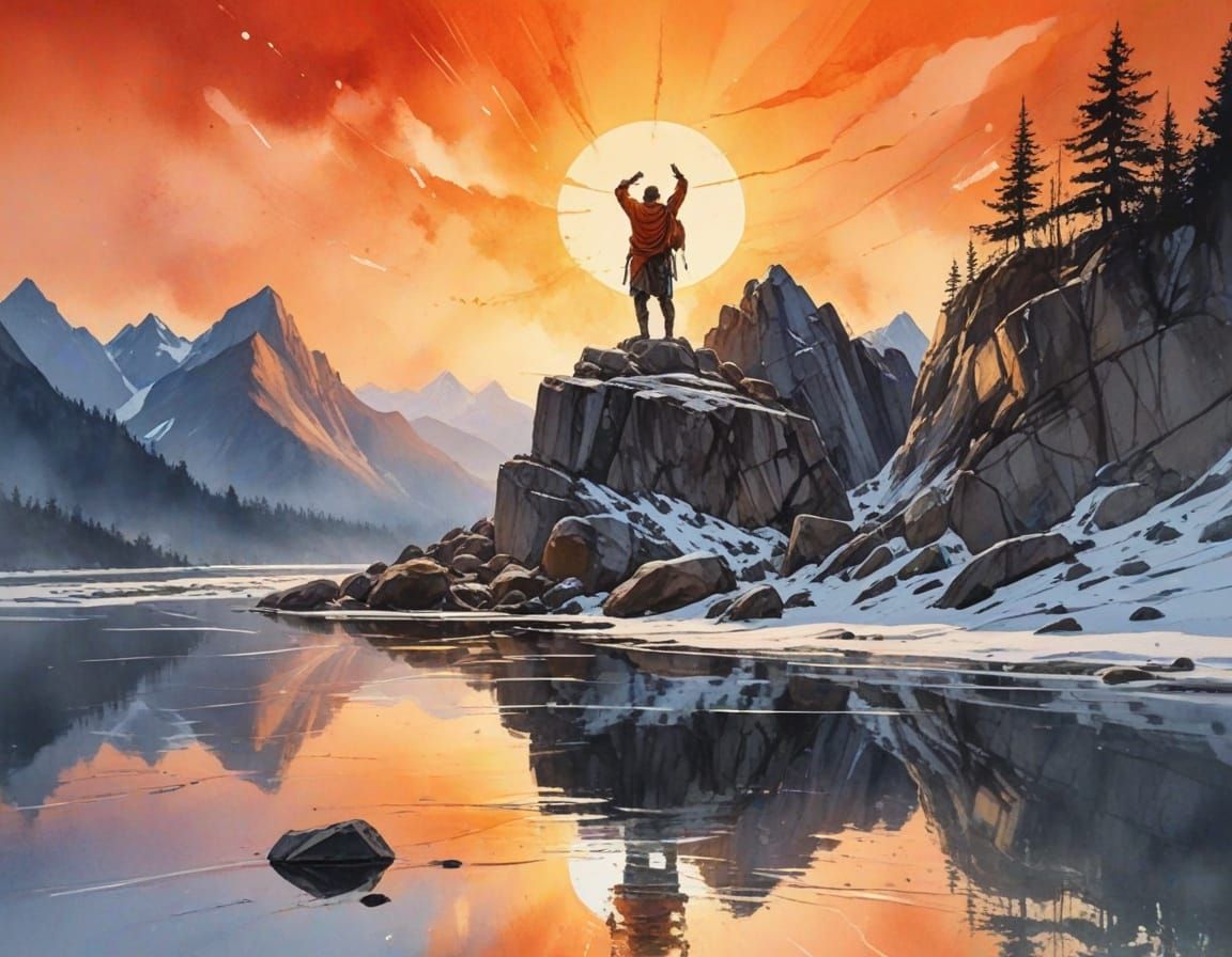 Mountain Yogi Sunrise Pose in Watercolor Scratch Paint