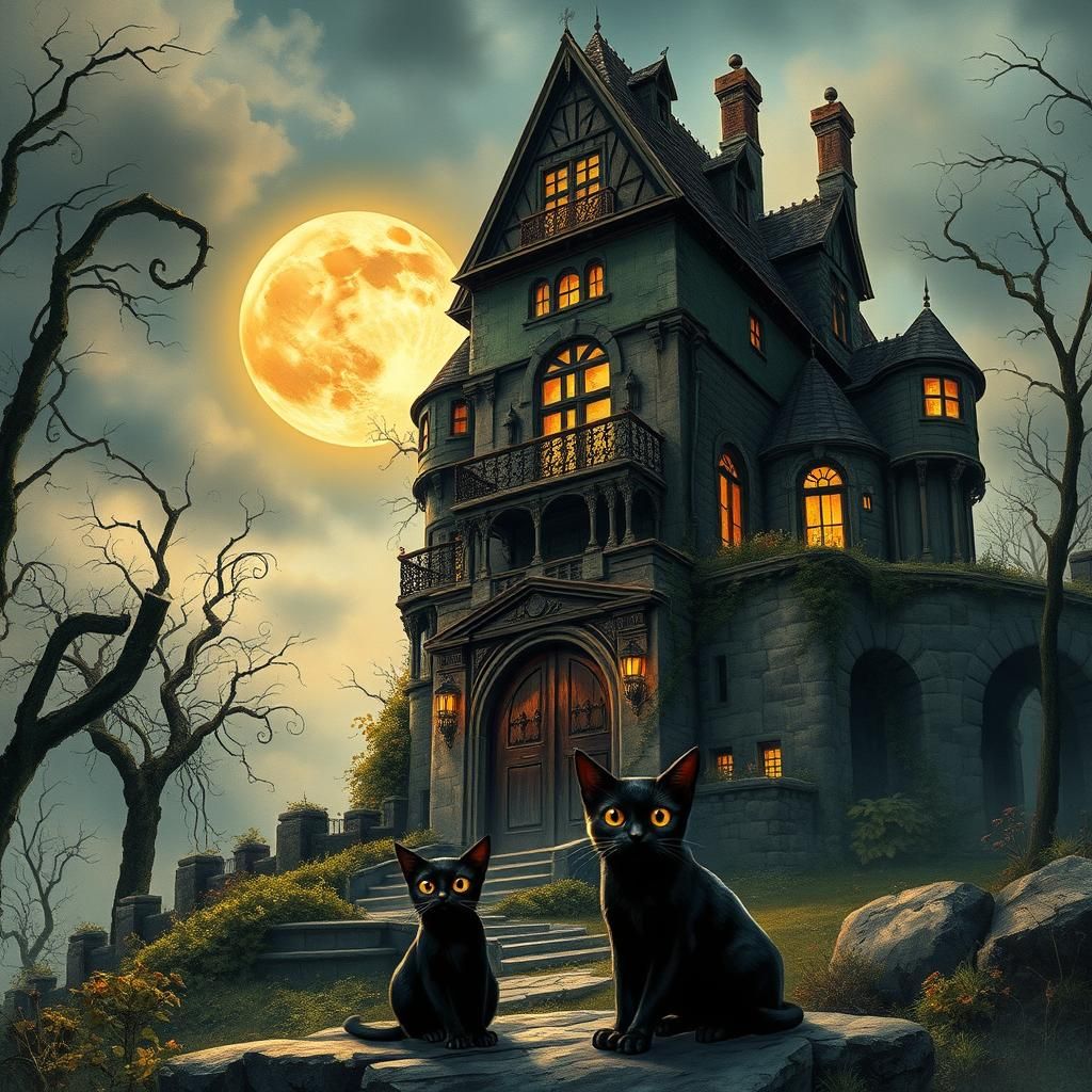 Haunted House with Black Cats in Watercolor Style