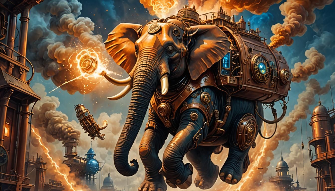 Steampunk Elephant Superhero Soaring Mid-Air