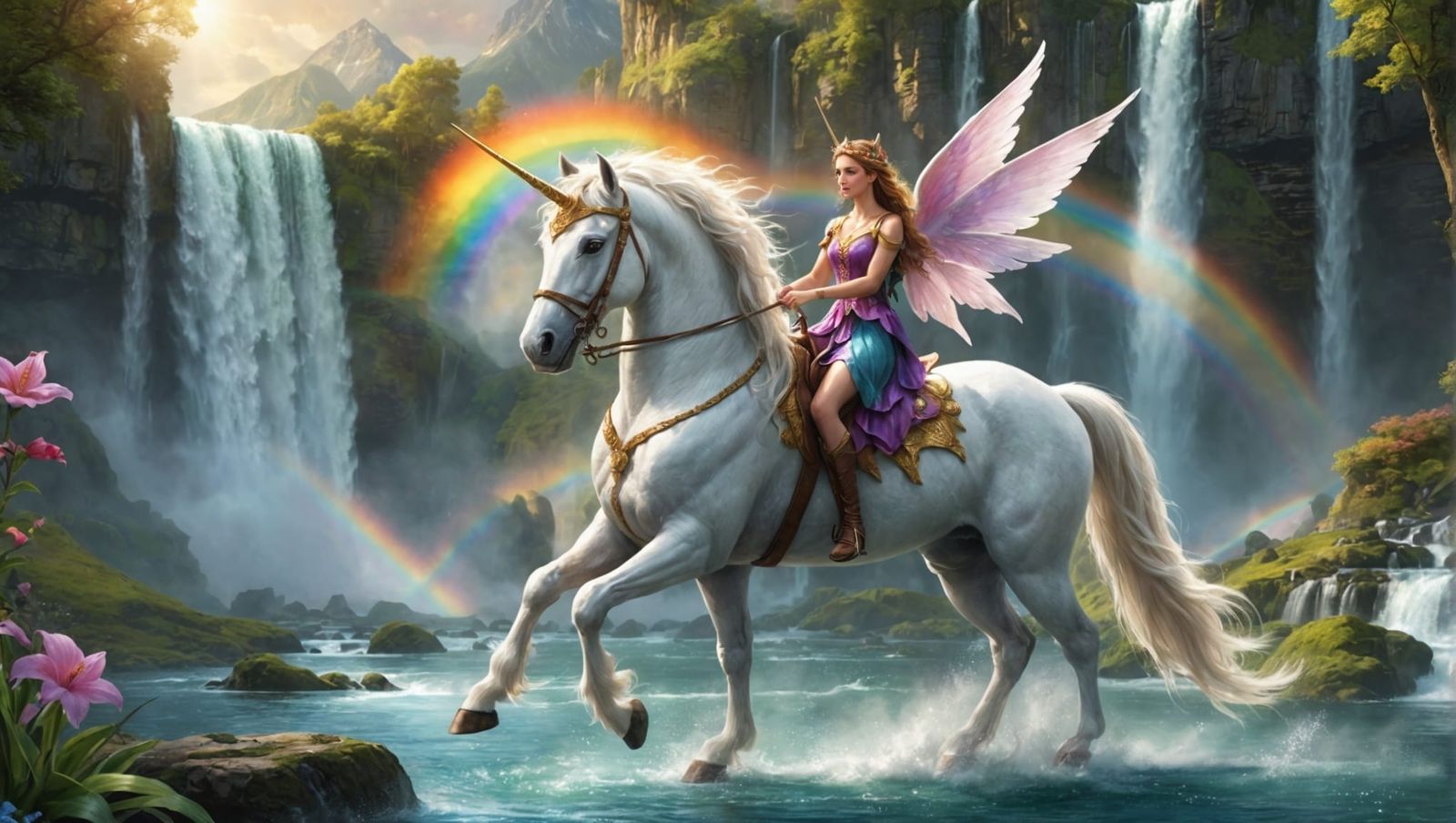 Fairy and Unicorn at Rainbow Waterfall