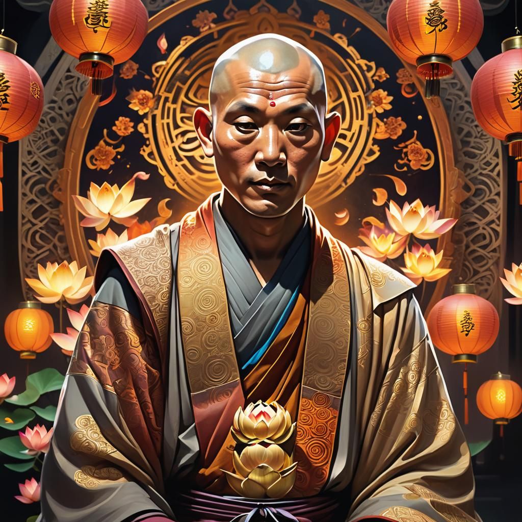 Serene Buddhist Monk Portrait in Stylized Digital Art