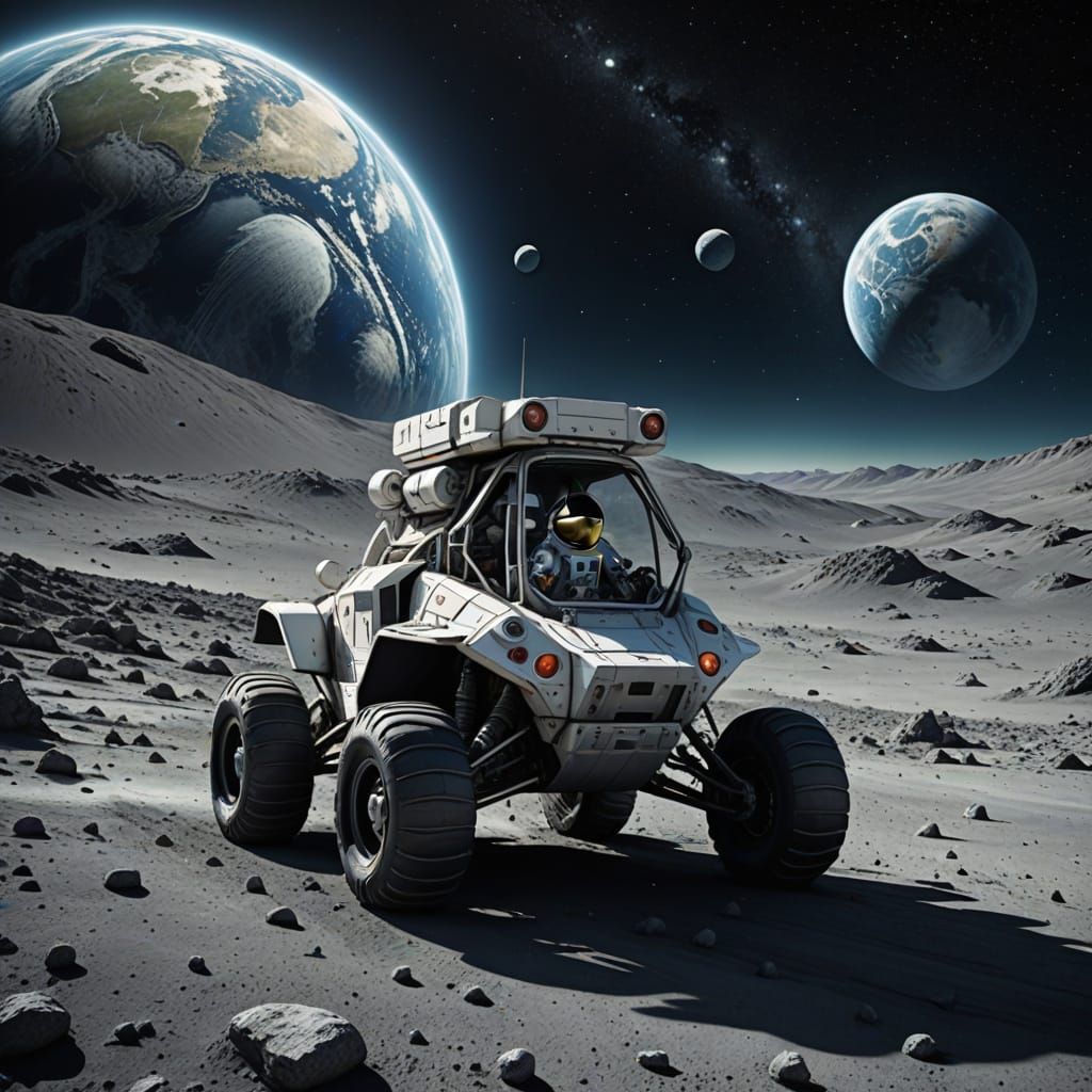 Greek Astronaut Waving from Lunar Buggy in Earthrise