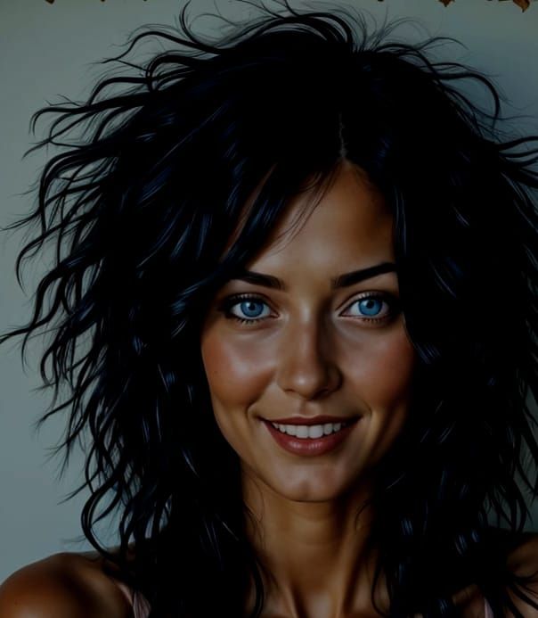 Woman with Blue Eyes and Black Hair in Oil Painting