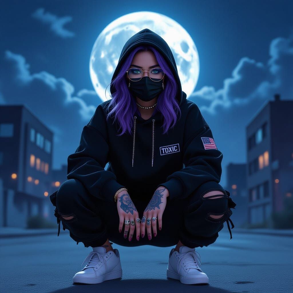 Young Woman Under Full Moon in Moody Urban Night