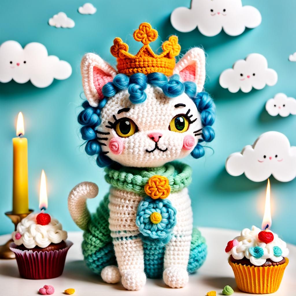 Cute Crocheted Cat in Colorful Cottagecore Style