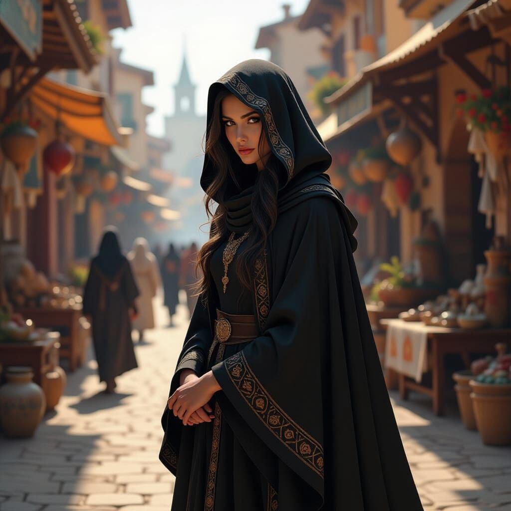 Mysterious Witch in a Sunlit Folk Art Marketplace