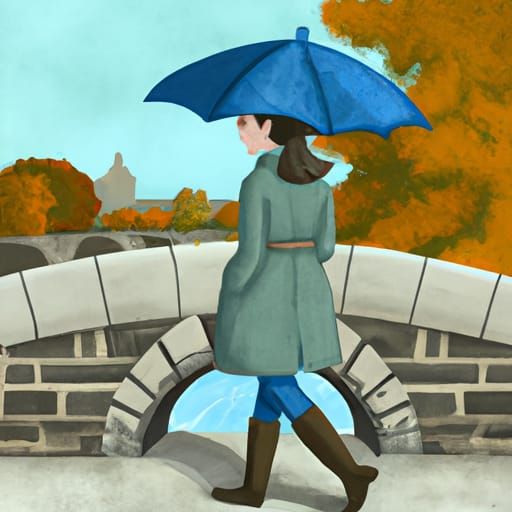 Woman on Stone Bridge in Autumn Rain