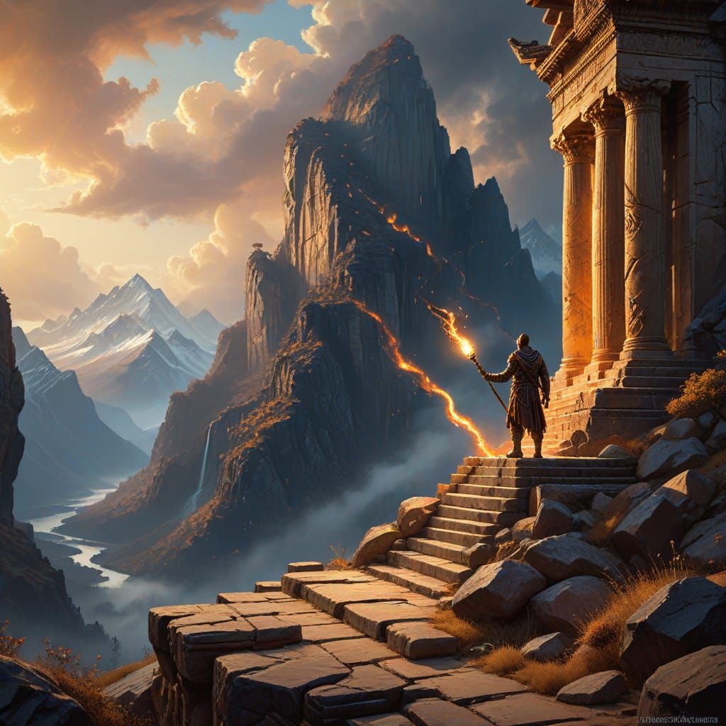 Traveler at Forgotten Temple in Golden Light