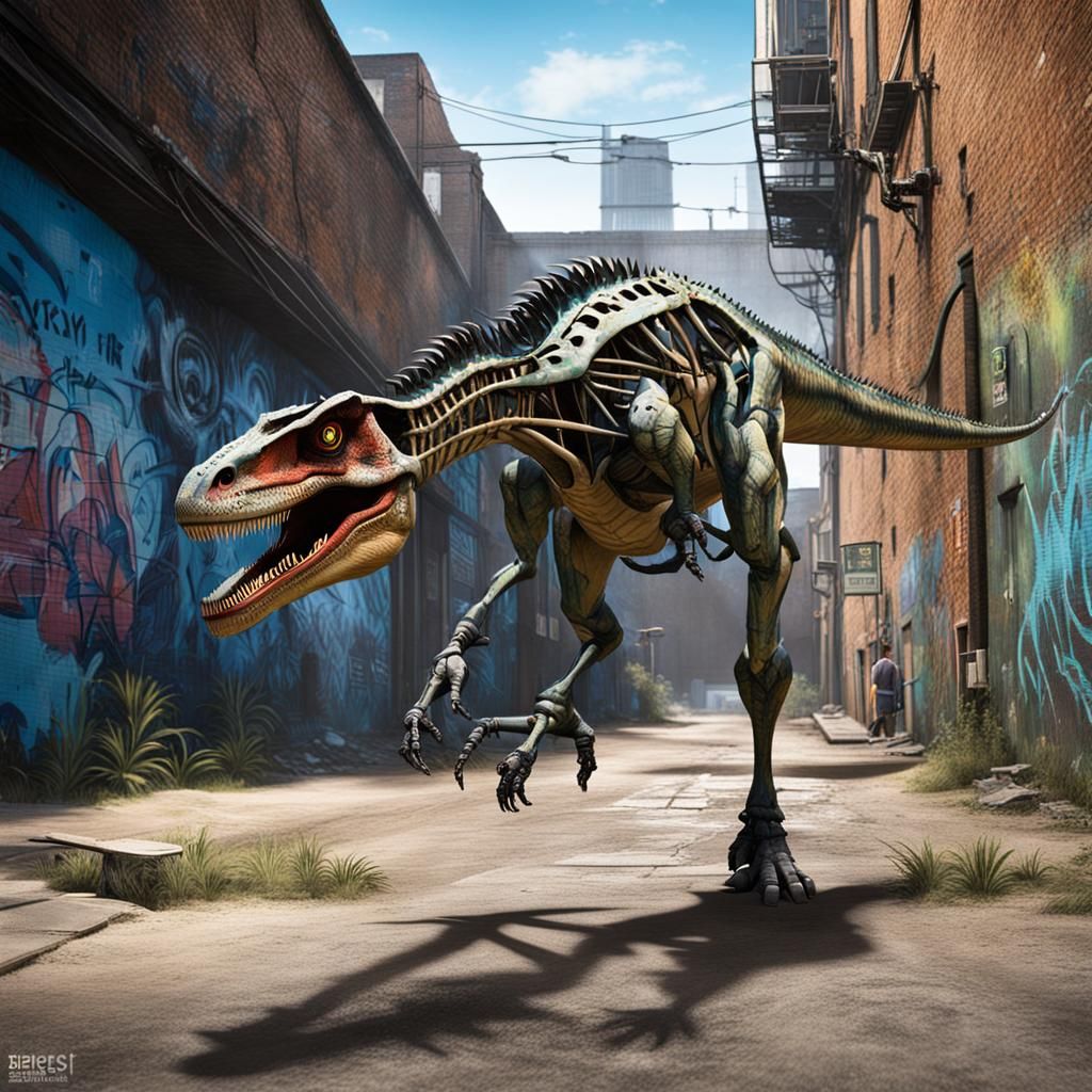 Cybernetic Dinosaur Man in Grungy Alley