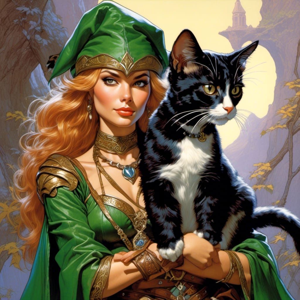 Fantasy Elf and Cat in Classic Style