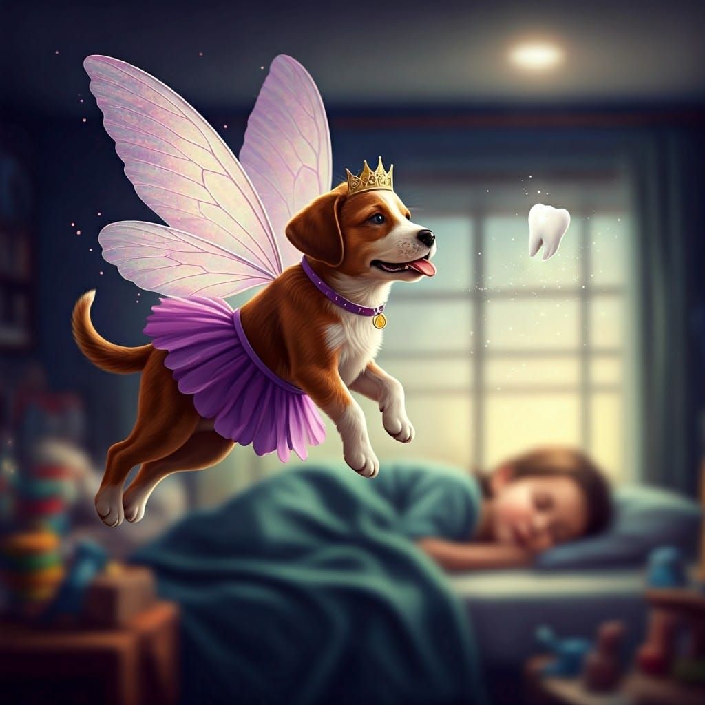 Dog Fairy Playing Fetch in Dreamy Bedroom Scene