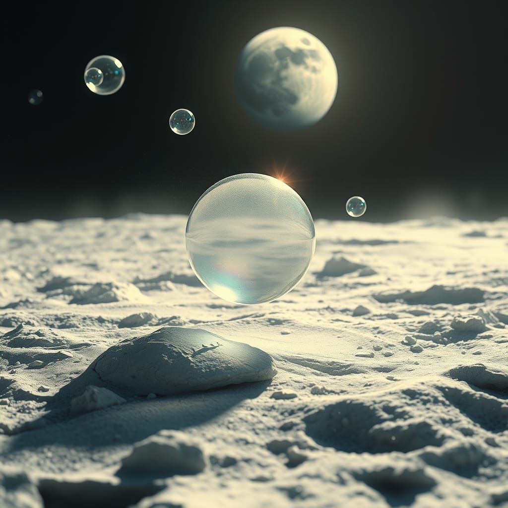 Lunar Bubbles Float Amidst Moon Dust in Whimsical, Surrealis...