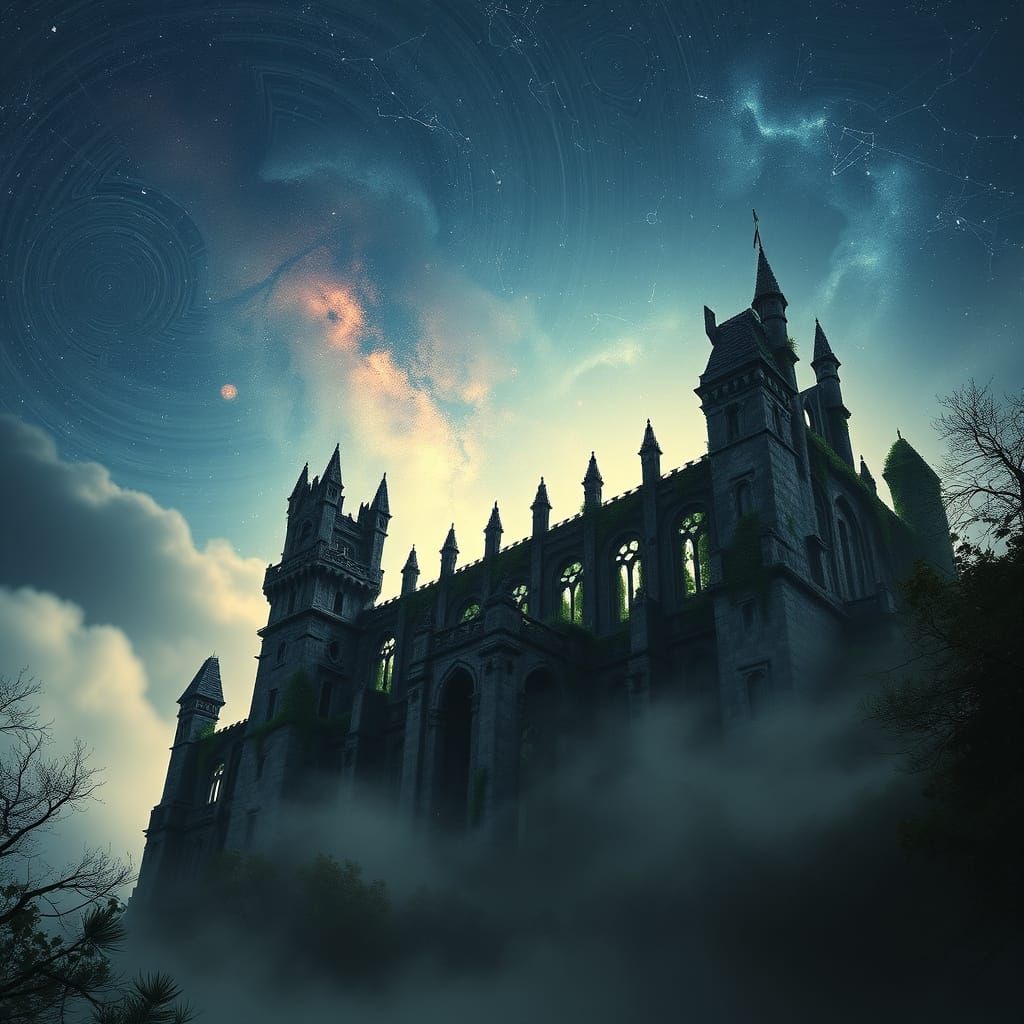 Ancient Castle Silhouetted Against Otherworldly Constellatio...