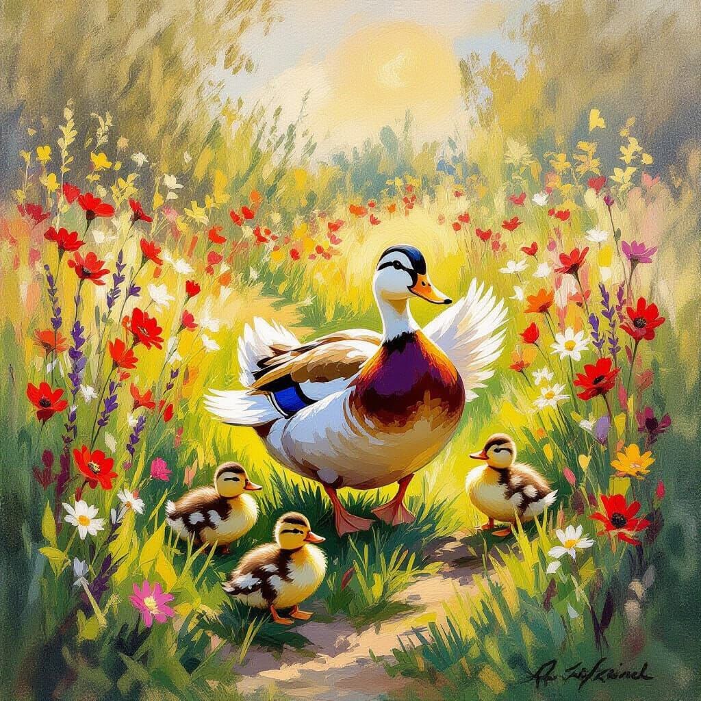 Duck and Ducklings in Impressionist Meadow