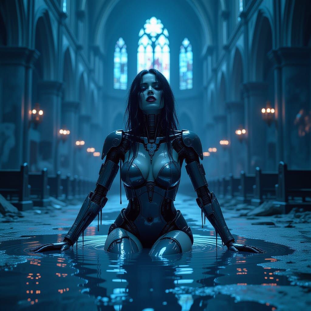 Melting Gothic Cyborg in Abandoned Cathedral