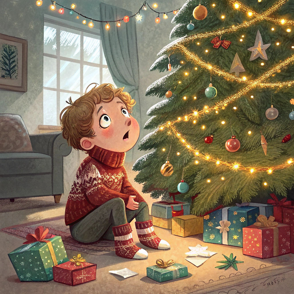Child's Gaze at Christmas Tree, Whimsical Illustration